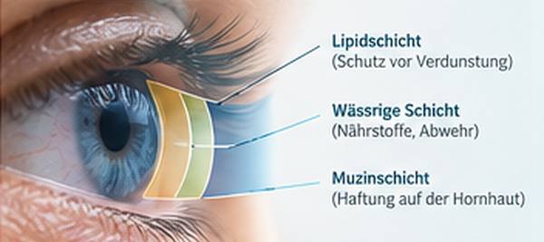 Schematische Darstellung der drei Schichten des Tränenfilms: Lipidschicht, wässrige Schicht, Muzinschicht